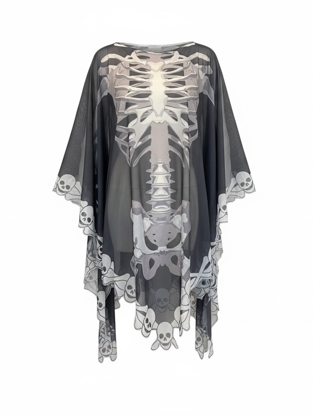 Skeleton Print Poncho Wrap - Black